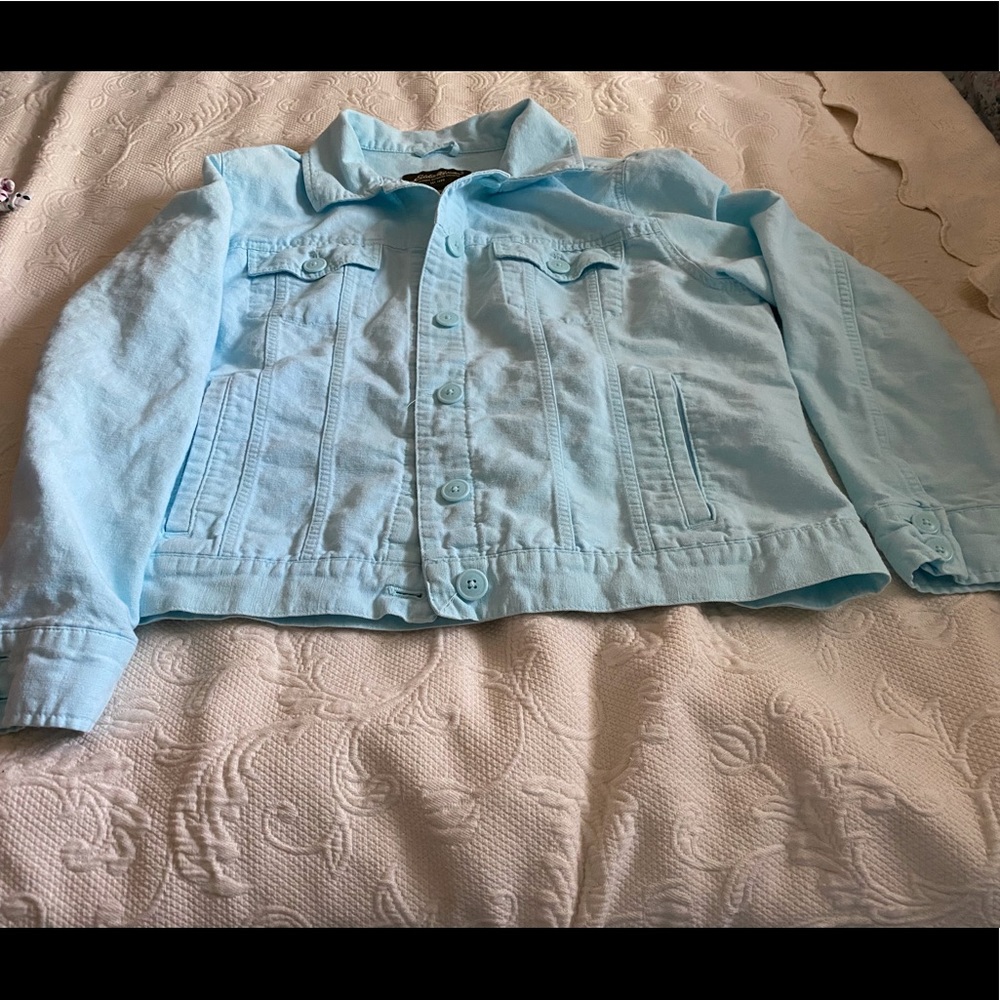 Eddie Bauer aqua colored jean jacket.